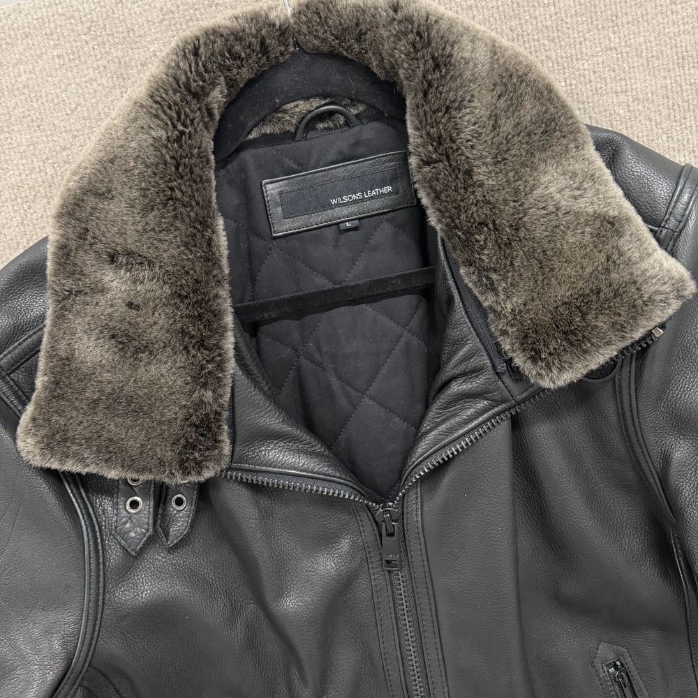 Wilsons Leather Men's Black Aviator Bomber Jacket With Shearling Collar Sz Large